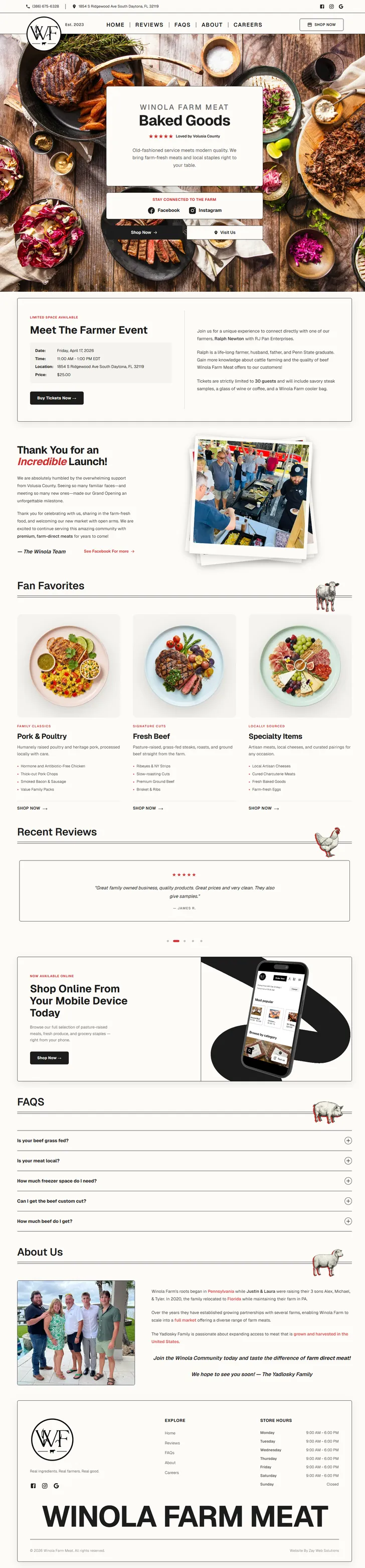 Full website design for Winola Farm Meat, showing the business's branded page sections