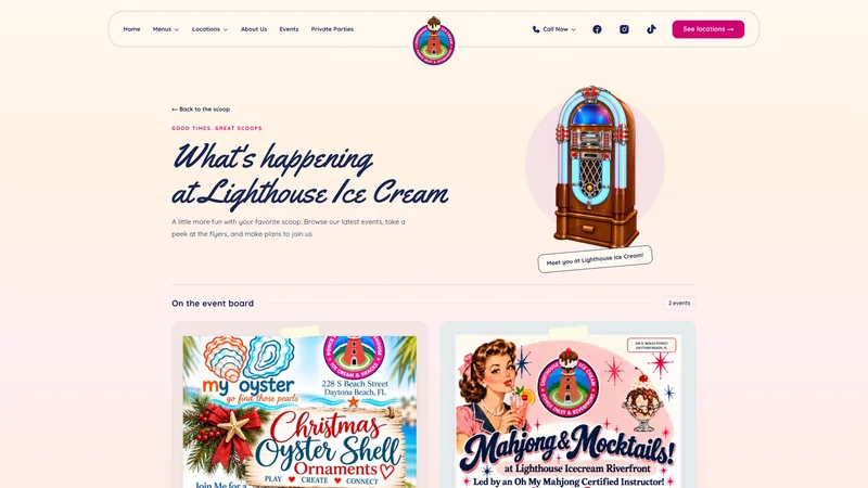 Lighthouse events page with its jukebox illustration and workshop flyers