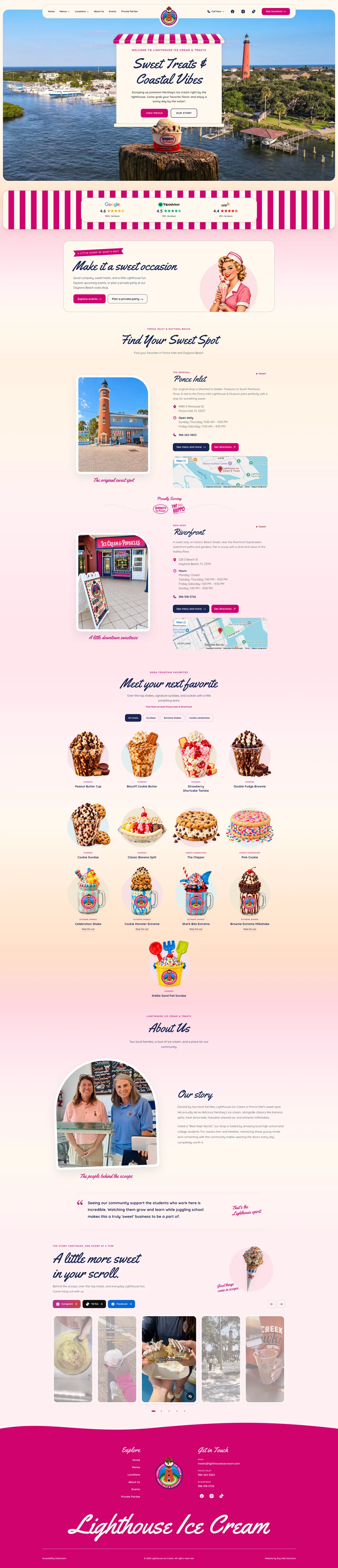 Full Lighthouse Ice Cream homepage showing its coastal hero, both shop locations, featured treats, business story, social gallery, and footer