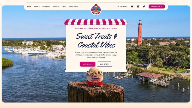 Lighthouse Ice Cream homepage introducing its coastal brand and two shop locations