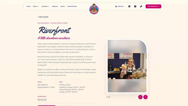 Riverfront location page introducing the Daytona Beach ice cream shop