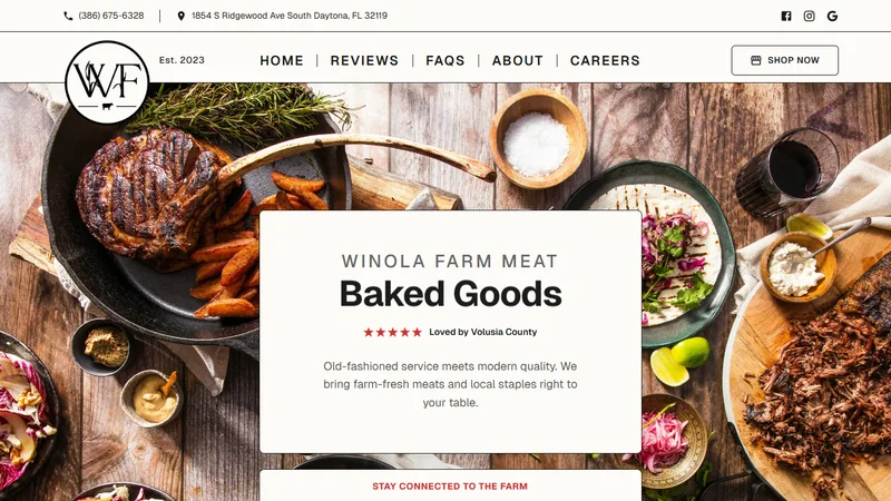 Winola Farm Meat homepage with its farm branding and customer information